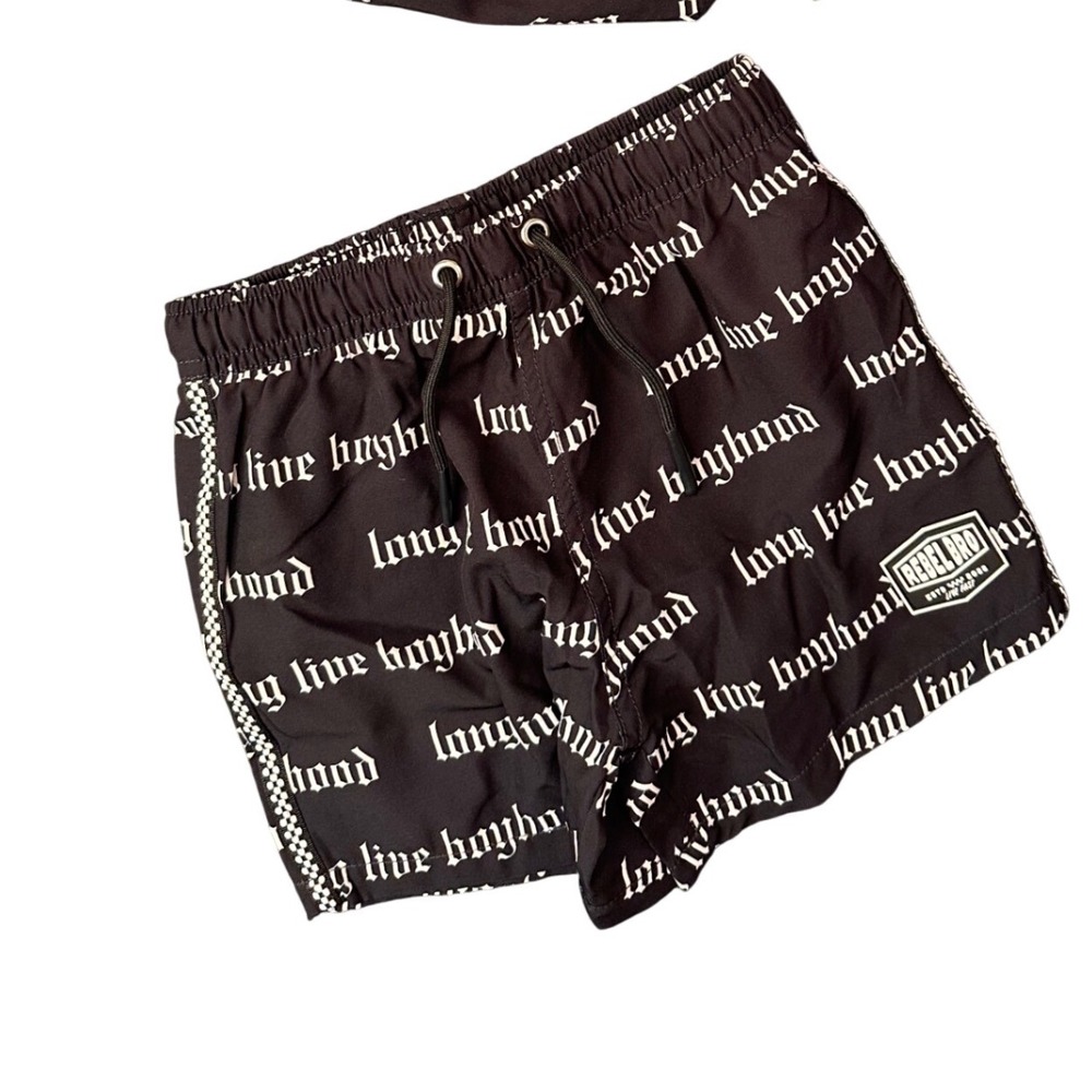 Rebel Bro Hybrid Swim Trunks Long Live Boyhood Black White Gothic Script 5-6T